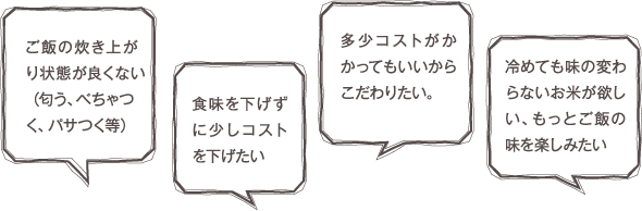 ご飯の炊き上がり状態が良くない(匂う、べちゃつく、パサつく等) 食味を下げずに少しコストを下げたい　多少コストがかかってもいいからこだわりたい。　冷めても味の変わらないお米が欲しい、もっとご飯の味を楽しみたい